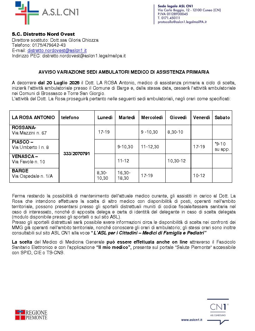 AVVISO VARIAZIONE SEDI AMBULATORIO MEDICO